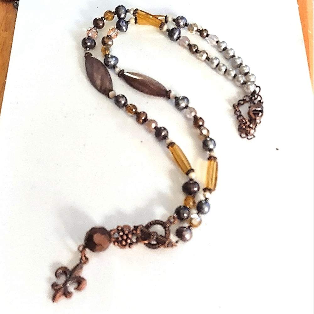 Fleur-de-lis Copper Color Brown & Yellow Gold Bead Necklace Cookie Lee Brand